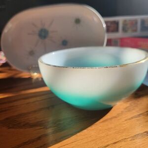 Fire King Turquoise Ombre Bowl Vintage Made in USA ~ Retro MCM Vibe  ~ 1960s?